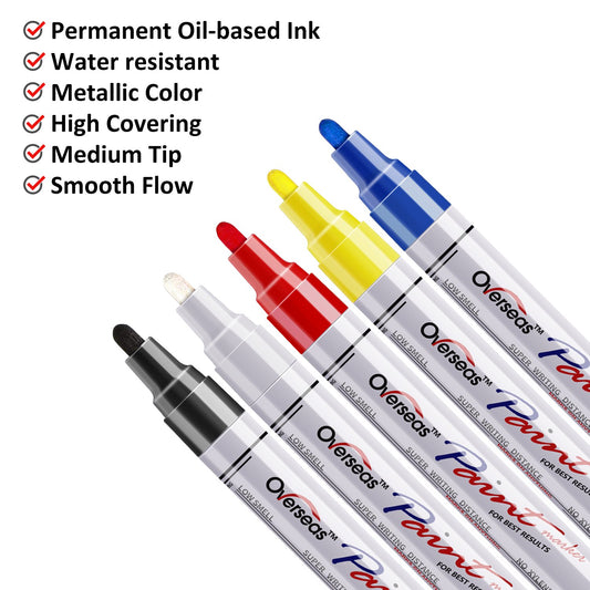 Overseas Paint Marker Pens - Permanent Marker Combo Pack with 5 Assorted Colors, Conical Point, 5 Count