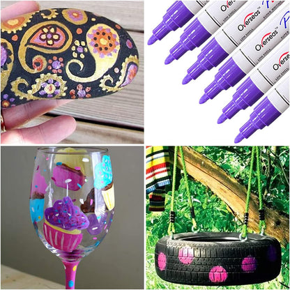 Overseas Purple Paint Markers Pens - Single color 6 Pack Permanent Oil Based Paint Pen, Medium Tip, Quick Dry and Waterproof Marker for Rock, Wood, Fabric, Plastic, Canvas, Glass, Mugs, Canvas, Glass