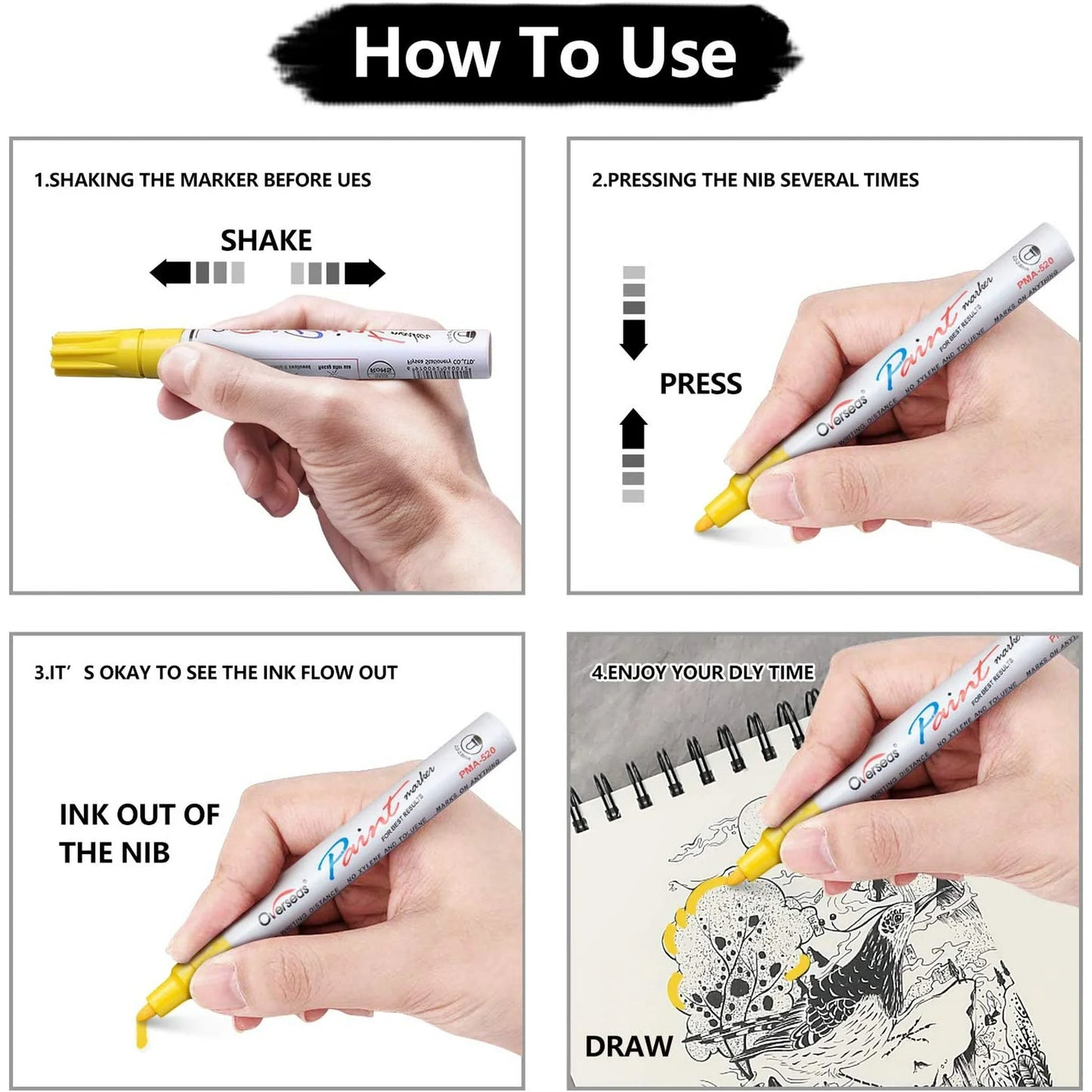 Overseas White Permanent Paint Markers Pens, 12 Pack Waterproof Oil-Based Paint Pen Set Quick Dry and Permanent, Markers for Rock, Stone, Ceramic, Wood, Fabric, Plastic, Canvas, Glass, Mugs, Tires