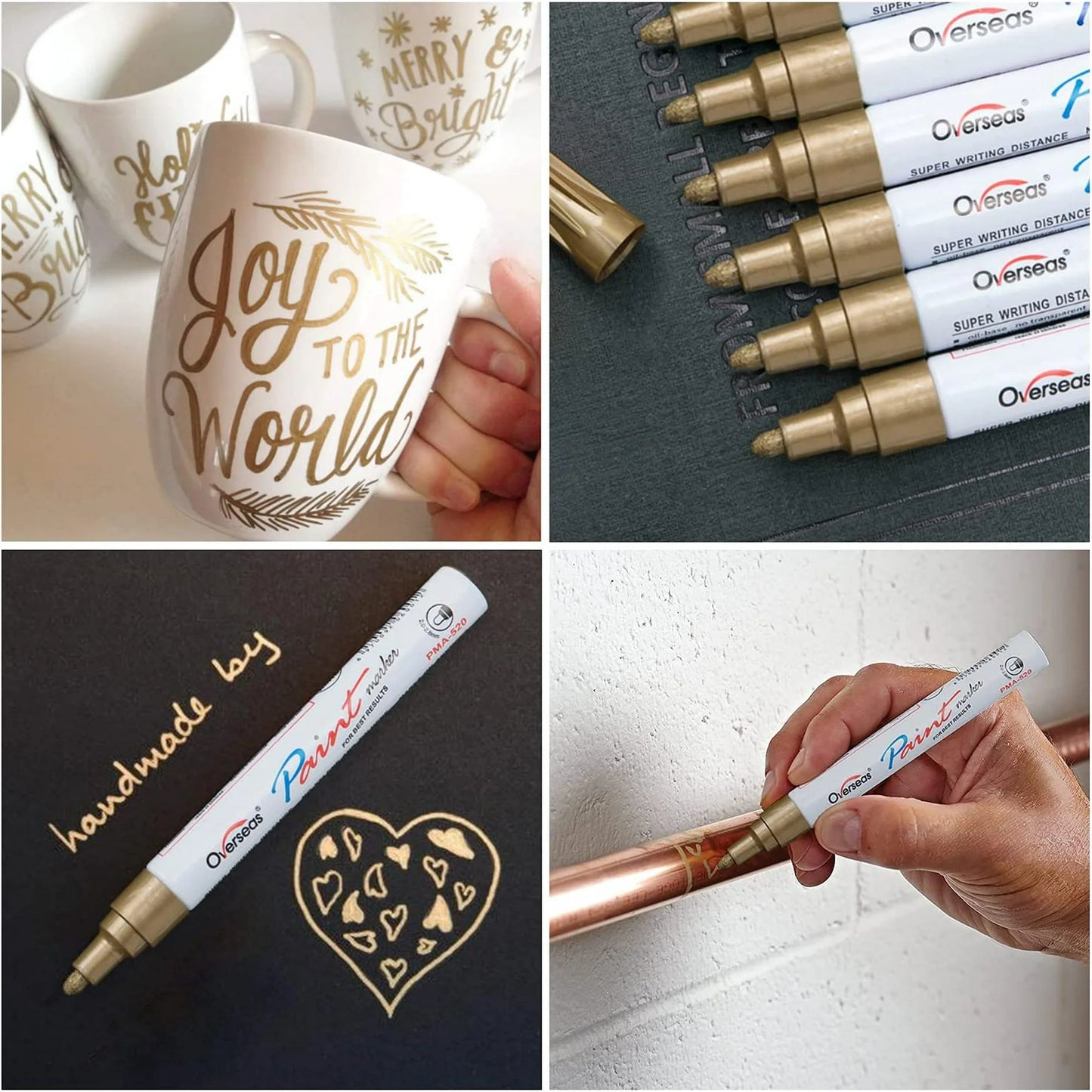 Overseas Gold Paint Markers Pens - Single color 6 Pack Permanent Oil Based Metallic Paint Pen, Medium Tip, Quick Dry and Waterproof Marker for Rock, Wood, Fabric, Plastic, Canvas, Glass, Mugs, Canvas, Glass