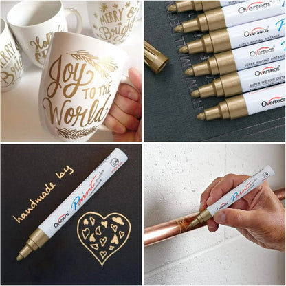 Overseas Gold Paint Markers Pens - Single color 6 Pack Permanent Oil Based Metallic Paint Pen, Medium Tip, Quick Dry and Waterproof Marker for Rock, Wood, Fabric, Plastic, Canvas, Glass, Mugs, Canvas, Glass