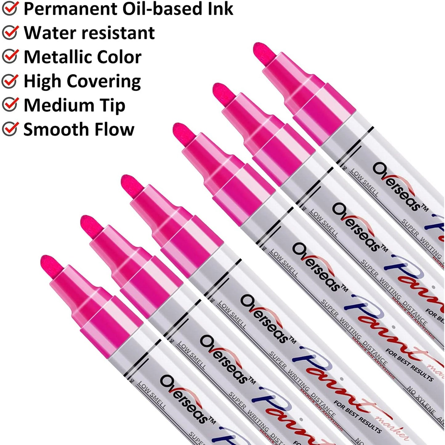 Overseas Pink Paint Markers Pens - Single color 6 Pack Permanent Oil Based Paint Pen, Medium Tip, Quick Dry and Waterproof Marker for Rock, Wood, Fabric, Plastic, Canvas, Glass, Mugs, Canvas, Glass