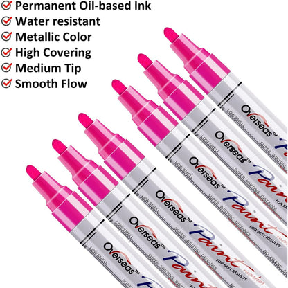 Overseas Pink Paint Markers Pens - Single color 6 Pack Permanent Oil Based Paint Pen, Medium Tip, Quick Dry and Waterproof Marker for Rock, Wood, Fabric, Plastic, Canvas, Glass, Mugs, Canvas, Glass