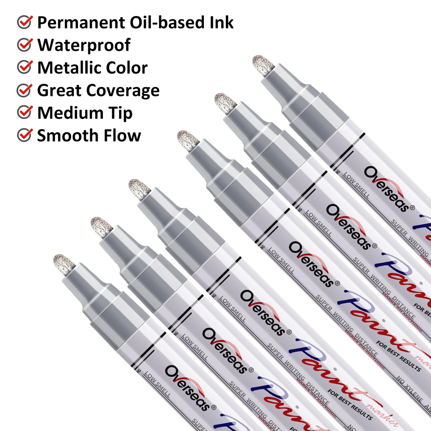 Overseas Silver Paint Markers Pens - Single color 6 Pack Permanent Oil Based Metallic Paint Pen, Medium Tip, Quick Dry and Waterproof Marker for Rock, Wood, Fabric, Plastic, Canvas, Glass, Mugs, Canvas