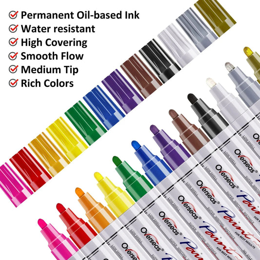 Overseas Paint Marker Pens, 12-Count Permanent Painting Markers, Conical Point, Assorted Colors