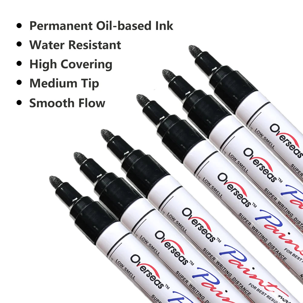 Overseas Black Paint Markers Pens - Single color 6 Pack Permanent Oil Based Paint Pen, Medium Tip, Quick Dry and Waterproof Marker for Rock, Wood, Fabric, Plastic, Canvas, Glass, Mugs, Canvas, Glass