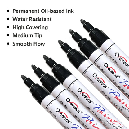 Overseas Black Paint Markers Pens - Single color 6 Pack Permanent Oil Based Paint Pen, Medium Tip, Quick Dry and Waterproof Marker for Rock, Wood, Fabric, Plastic, Canvas, Glass, Mugs, Canvas, Glass