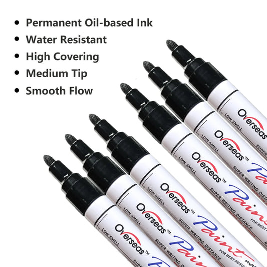 Overseas Black Paint Markers Pens - Single color 6 Pack Permanent Oil Based Paint Pen, Medium Tip, Quick Dry and Waterproof Marker for Rock, Wood, Fabric, Plastic, Canvas, Glass, Mugs, Canvas, Glass