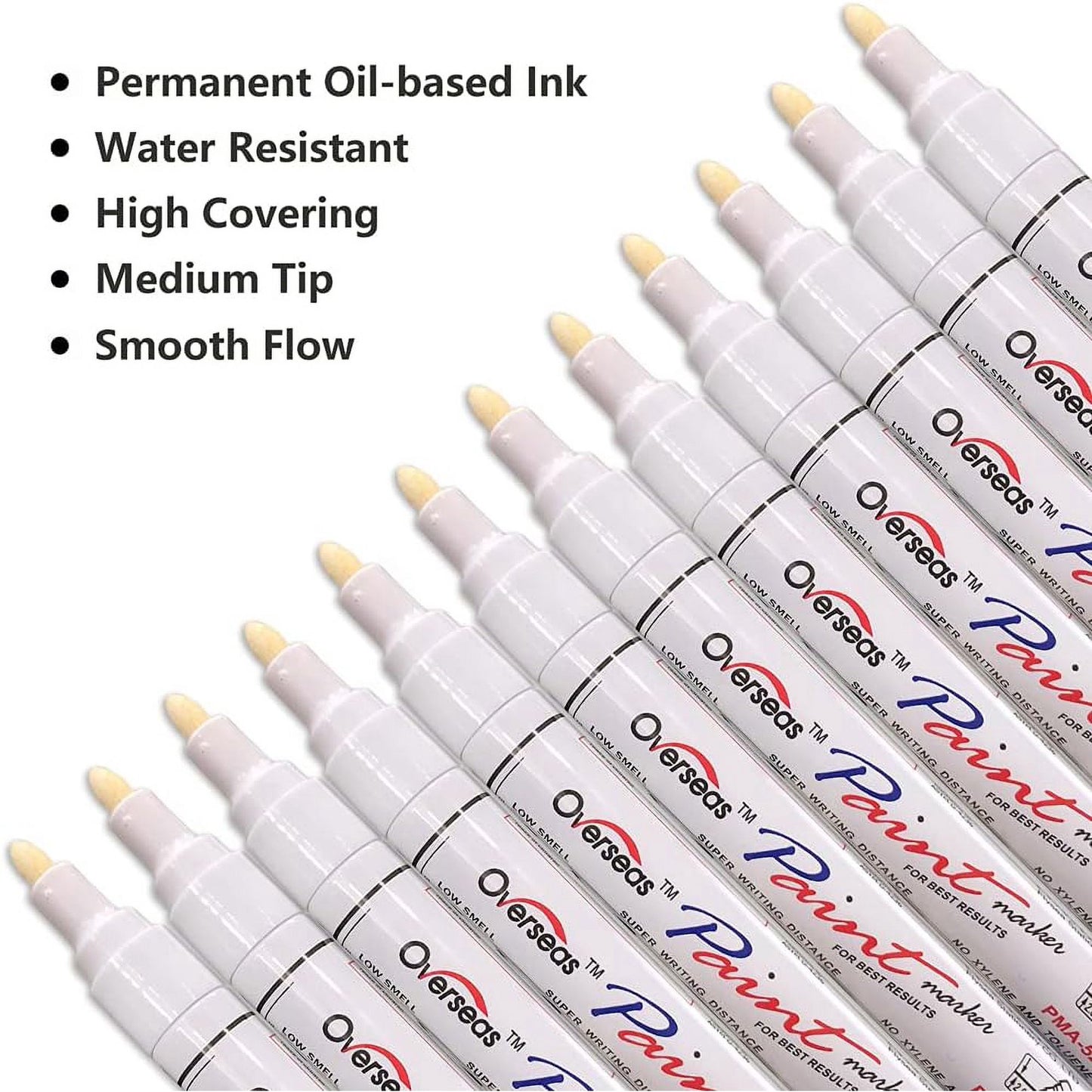Overseas White Permanent Paint Markers Pens, 12 Pack Waterproof Oil-Based Paint Pen Set Quick Dry and Permanent, Markers for Rock, Stone, Ceramic, Wood, Fabric, Plastic, Canvas, Glass, Mugs, Tires