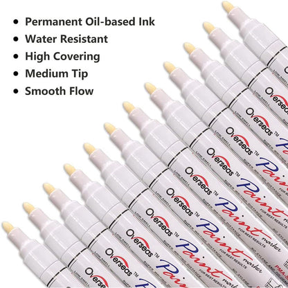 Overseas White Permanent Paint Markers Pens, 12 Pack Waterproof Oil-Based Paint Pen Set Quick Dry and Permanent, Markers for Rock, Stone, Ceramic, Wood, Fabric, Plastic, Canvas, Glass, Mugs, Tires