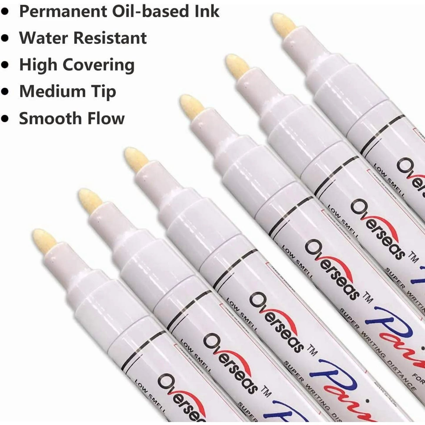 Overseas White Paint Markers Pens - Single color 6 Pack Permanent Oil Based Paint Pen, Medium Tip, Quick Dry and Waterproof Marker for Rock, Wood, Fabric, Plastic, Canvas, Glass, Mugs, Canvas, Glass