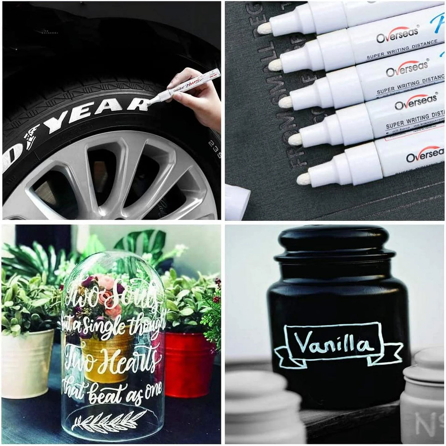 Overseas White Paint Markers Pens - Single color 6 Pack Permanent Oil Based Paint Pen, Medium Tip, Quick Dry and Waterproof Marker for Rock, Wood, Fabric, Plastic, Canvas, Glass, Mugs, Canvas, Glass