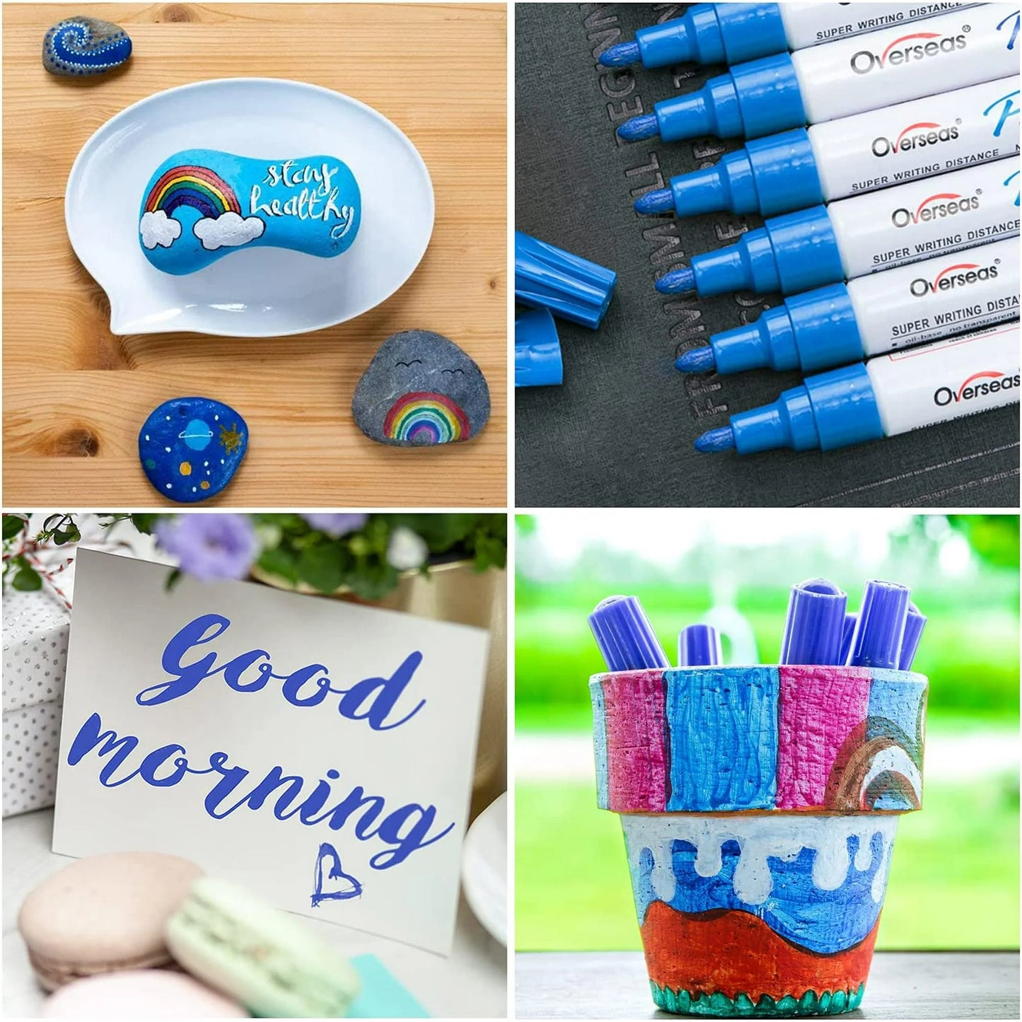 Overseas Blue Paint Markers Pens - Single color 6 Pack Permanent Oil Based Paint Pen, Medium Tip, Quick Dry and Waterproof Marker for Rock, Wood, Fabric, Plastic, Canvas, Glass, Mugs, Canvas, Glass
