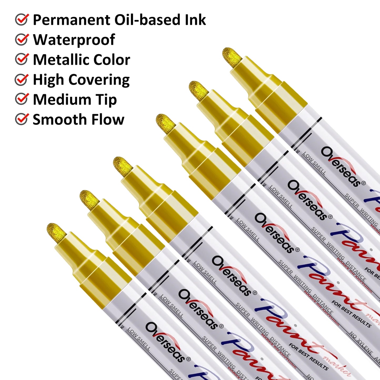 Overseas Gold Paint Markers Pens - Single color 6 Pack Permanent Oil Based Metallic Paint Pen, Medium Tip, Quick Dry and Waterproof Marker for Rock, Wood, Fabric, Plastic, Canvas, Glass, Mugs, Canvas, Glass