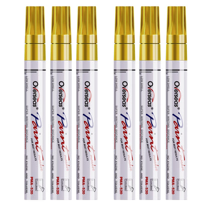 Overseas Gold Paint Markers Pens - Single color 6 Pack Permanent Oil Based Metallic Paint Pen, Medium Tip, Quick Dry and Waterproof Marker for Rock, Wood, Fabric, Plastic, Canvas, Glass, Mugs, Canvas, Glass