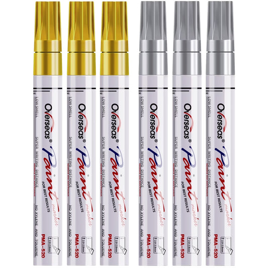 Overseas Paint Marker Pens, 6 Pack with Permanent Oil Based Metallic Paint Pens, Medium Tip, Assorted Colors