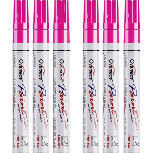 Overseas Pink Paint Markers Pens - Single color 6 Pack Permanent Oil Based Paint Pen, Medium Tip, Quick Dry and Waterproof Marker for Rock, Wood, Fabric, Plastic, Canvas, Glass, Mugs, Canvas, Glass