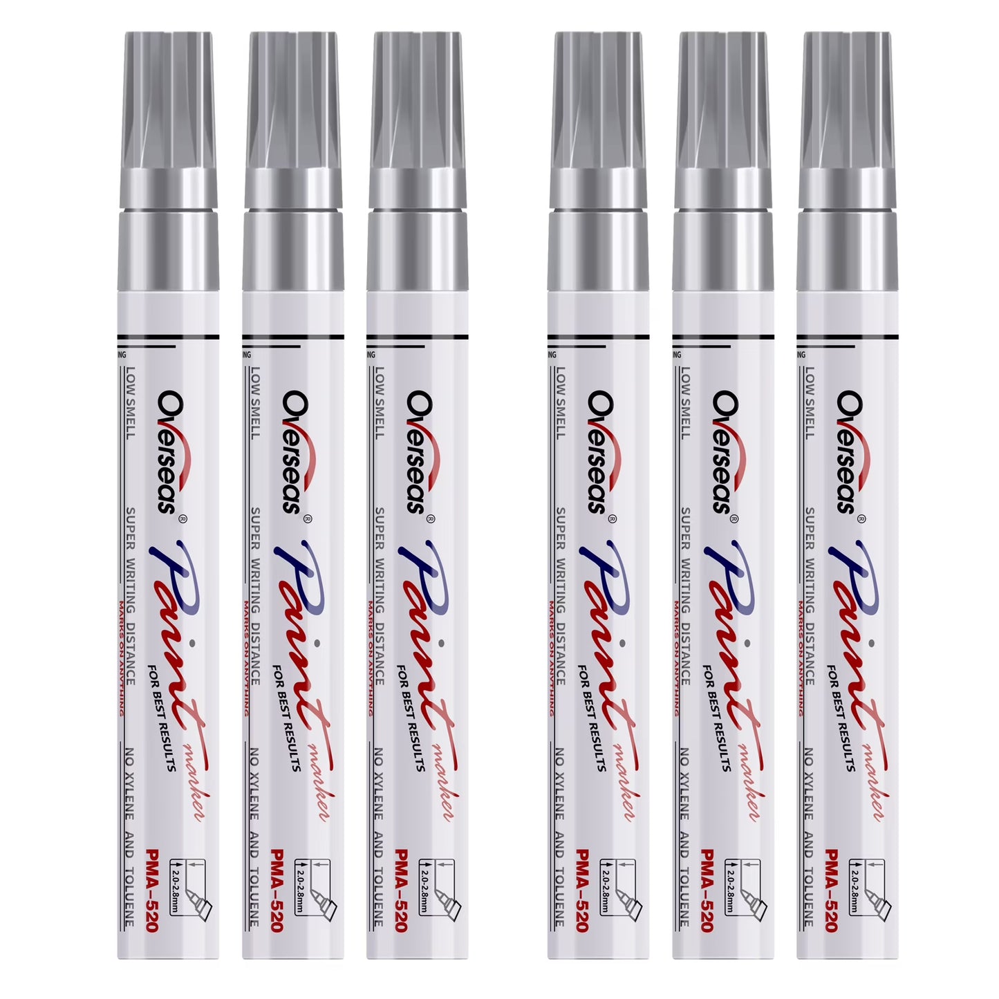 Overseas Silver Paint Markers Pens - Single color 6 Pack Permanent Oil Based Metallic Paint Pen, Medium Tip, Quick Dry and Waterproof Marker for Rock, Wood, Fabric, Plastic, Canvas, Glass, Mugs, Canvas