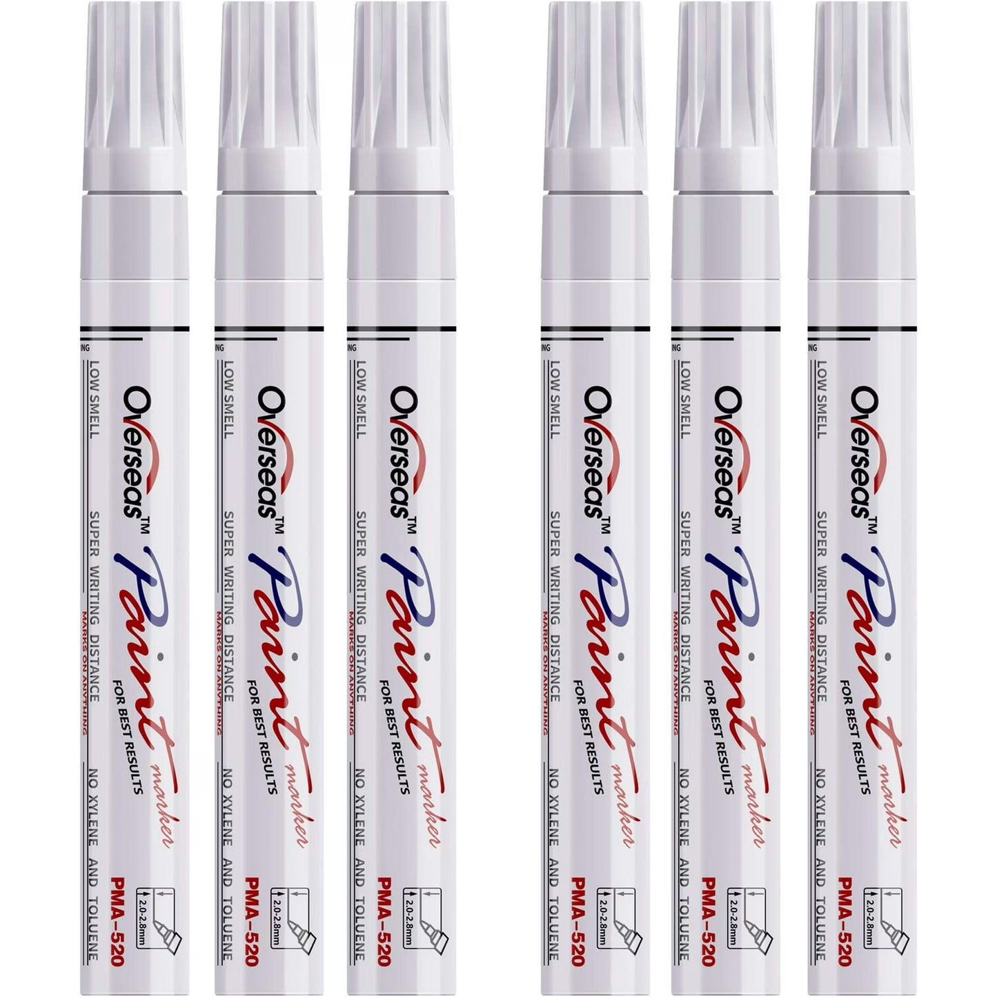 Overseas White Paint Markers Pens - Single color 6 Pack Permanent Oil Based Paint Pen, Medium Tip, Quick Dry and Waterproof Marker for Rock, Wood, Fabric, Plastic, Canvas, Glass, Mugs, Canvas, Glass