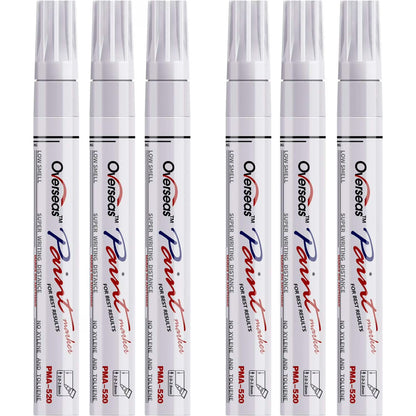 Overseas White Paint Markers Pens - Single color 6 Pack Permanent Oil Based Paint Pen, Medium Tip, Quick Dry and Waterproof Marker for Rock, Wood, Fabric, Plastic, Canvas, Glass, Mugs, Canvas, Glass