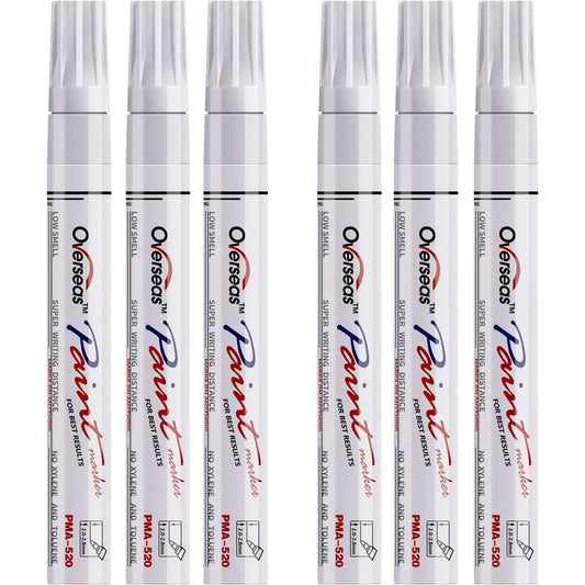 Overseas White Paint Markers Pens - Single color 6 Pack Permanent Oil Based Paint Pen, Medium Tip, Quick Dry and Waterproof Marker for Rock, Wood, Fabric, Plastic, Canvas, Glass, Mugs, Canvas, Glass