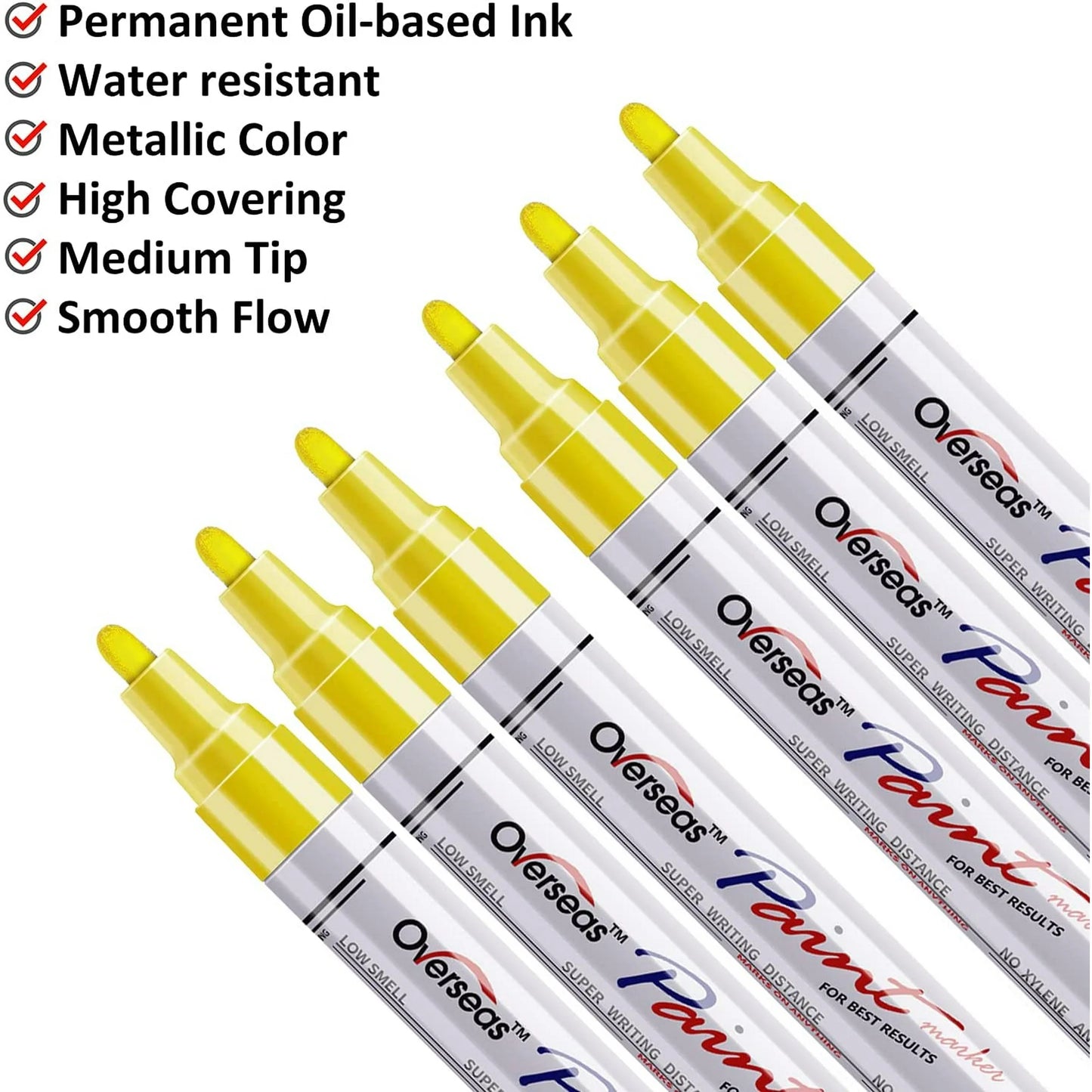 Overseas ellow Paint Markers Pens - Single color 6 Pack Permanent Oil Based Paint Pen, Medium Tip, Quick Dry and Waterproof Marker for Rock, Wood, Fabric, Plastic, Canvas, Glass, Mugs, Canvas, Glass