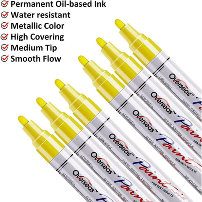Overseas ellow Paint Markers Pens - Single color 6 Pack Permanent Oil Based Paint Pen, Medium Tip, Quick Dry and Waterproof Marker for Rock, Wood, Fabric, Plastic, Canvas, Glass, Mugs, Canvas, Glass