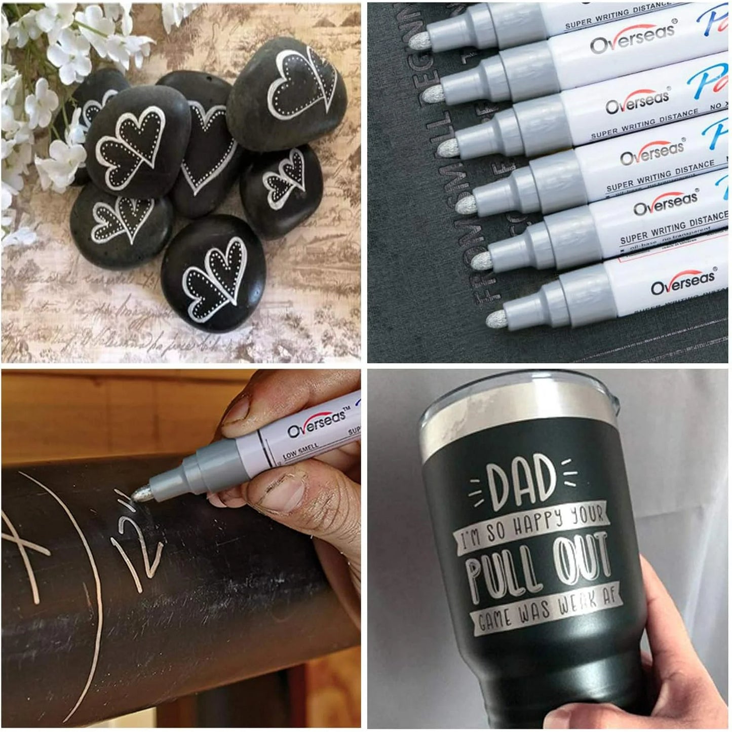 Overseas Silver Paint Markers Pens - Single color 6 Pack Permanent Oil Based Metallic Paint Pen, Medium Tip, Quick Dry and Waterproof Marker for Rock, Wood, Fabric, Plastic, Canvas, Glass, Mugs, Canvas