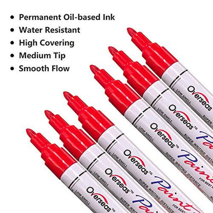 Overseas Red Paint Markers Pens - Single color 6 Pack Permanent Oil Based Paint Pen, Medium Tip, Quick Dry and Waterproof Marker for Rock, Wood, Fabric, Plastic, Canvas, Glass, Mugs, Canvas, Glass