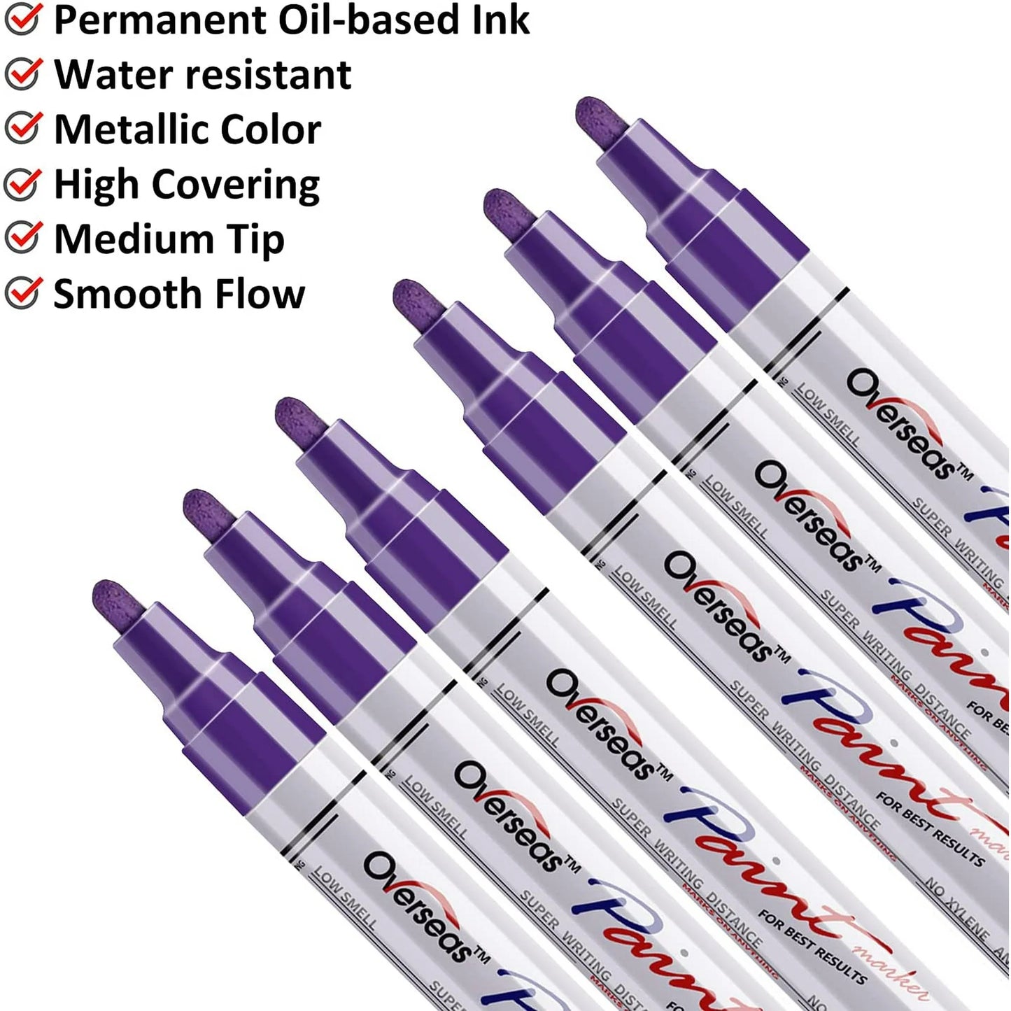 Overseas Purple Paint Markers Pens - Single color 6 Pack Permanent Oil Based Paint Pen, Medium Tip, Quick Dry and Waterproof Marker for Rock, Wood, Fabric, Plastic, Canvas, Glass, Mugs, Canvas, Glass