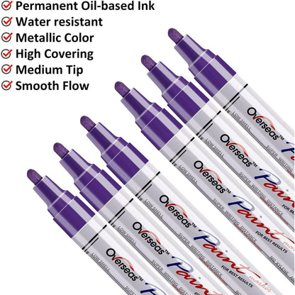 Overseas Purple Paint Markers Pens - Single color 6 Pack Permanent Oil Based Paint Pen, Medium Tip, Quick Dry and Waterproof Marker for Rock, Wood, Fabric, Plastic, Canvas, Glass, Mugs, Canvas, Glass