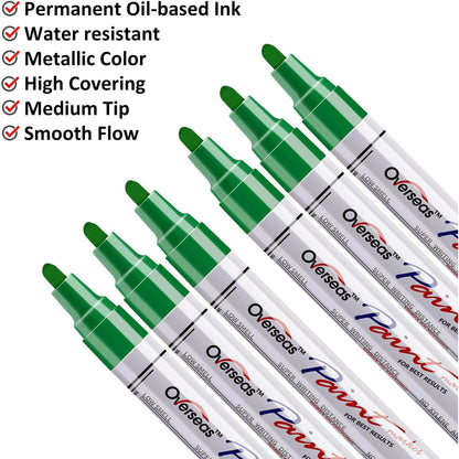 Overseas Green Paint Markers Pens - Single color 6 Pack Permanent Oil Based Paint Pen, Medium Tip, Quick Dry and Waterproof Marker for Rock, Wood, Fabric, Plastic, Canvas, Glass, Mugs, Canvas, Glass
