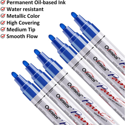 Overseas Blue Paint Markers Pens - Single color 6 Pack Permanent Oil Based Paint Pen, Medium Tip, Quick Dry and Waterproof Marker for Rock, Wood, Fabric, Plastic, Canvas, Glass, Mugs, Canvas, Glass